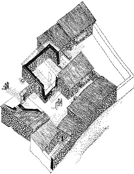 Artist's reconstruction of a 1st century household complex Ancient houses and clothes: Artist's reconstruction of a 1st century household complex