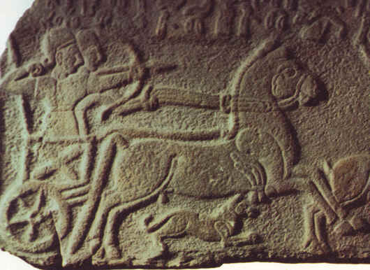 DEBORAH AND JAEL: War Chariot and horsemen. From the Lions' Gate at Malatia, in Anatolia, 9th century BC. Hittite Museum, Ankara.