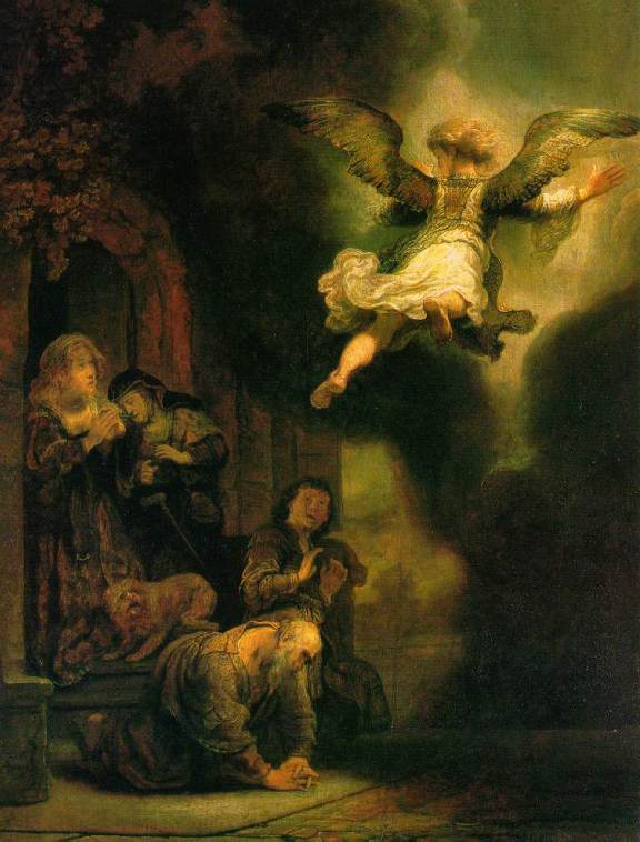 Angel paintings: The Archangel leaving the family of Tobias, Rembrandt van Rijn