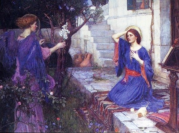 Angel paintings: Painting of the Angel Gabriel and Mary, by William Waterhouse