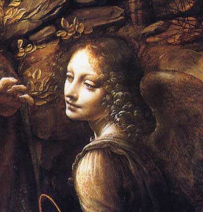 Angel paintings: Leonardo da Vinci, detail from Madonna of the Rocks showing the angel guarding Mary and the child Jesus