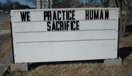 Human sacrifice in the Bible: light-hearted notice board outside a US church