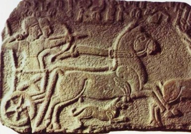 Bible Warriors, soldiers: Ahab. Ancient wall relief. The battle chariots of Ahab were similar, carrying an archer and a driver