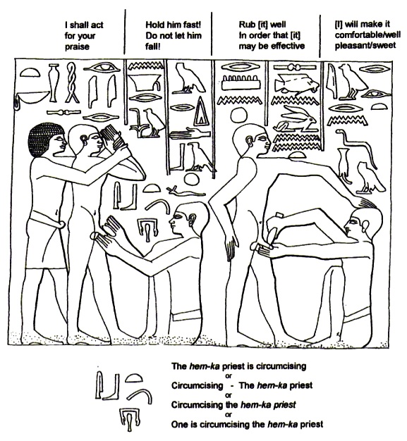 Circumcision in the Bible: drawing of the stone engraving of circumcision in ancient Egypt, Nunn