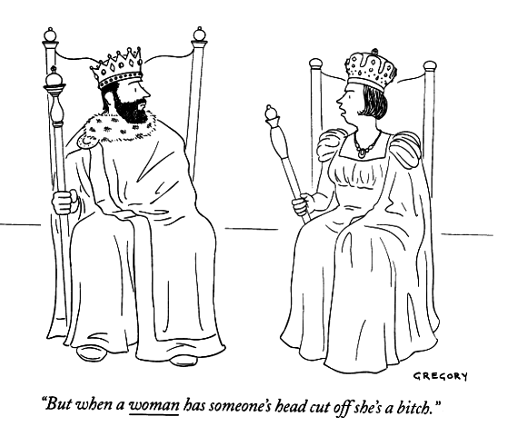 Bible Heroine: Jael. Cartoon showing queen complaining to king that she is not fairly treated