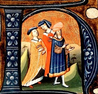 Elkahah, Peninnah and Hannah, from a medieval manuscript