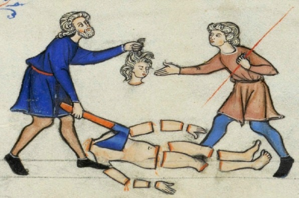 The concubine dismembered, medieval manuscript The concubine dismembered, medieval manuscript