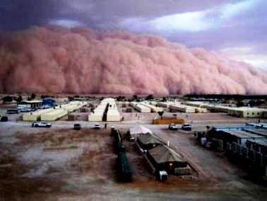 Moses and the Ten Plagues of Egypt. A dust storm rolls in from the desert, completely obliterating the land and sky and making it difficult to breath