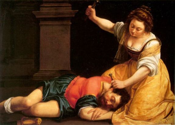 Bible Murders: Jael and Sisera, Artemisia Gentileschi, Jael hammers the tent peg into Sisera's skull