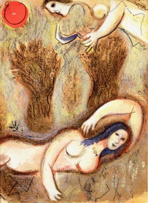 Ruth and Naomi in Bible Paintings: Boaz wakes and sees Ruth at his feet, Marc Chagall, Bible Art Gallery: paintings from the Old and New Testaments