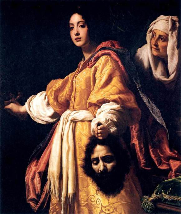 Bible Book of Judith. Judith with the head of Holofernes, Allori. According to Allori's biographer, the model for 'Judith' was Allori's mistress, the maid was her mother, and the head of Holofernes was a portrait of the artist himself.