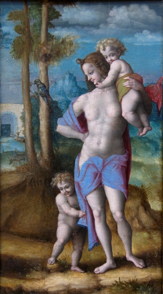 Eve, Cain and Abel, by Bacchiacca; Eve plays with her two small sons