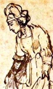 Detail of Ruth gathering grain, Rembrandt drawing