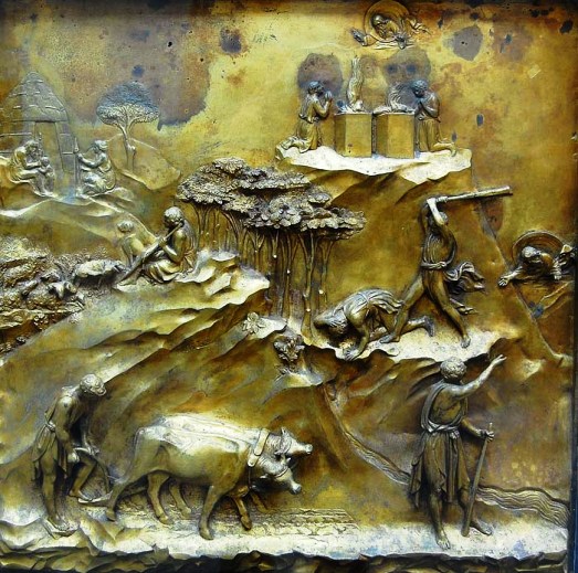 Cain & Abel artworks: Panel showing episodes in the story of Cain and Abel, Ghiberti, the Gates of Paradise on the Baptistry in Florence