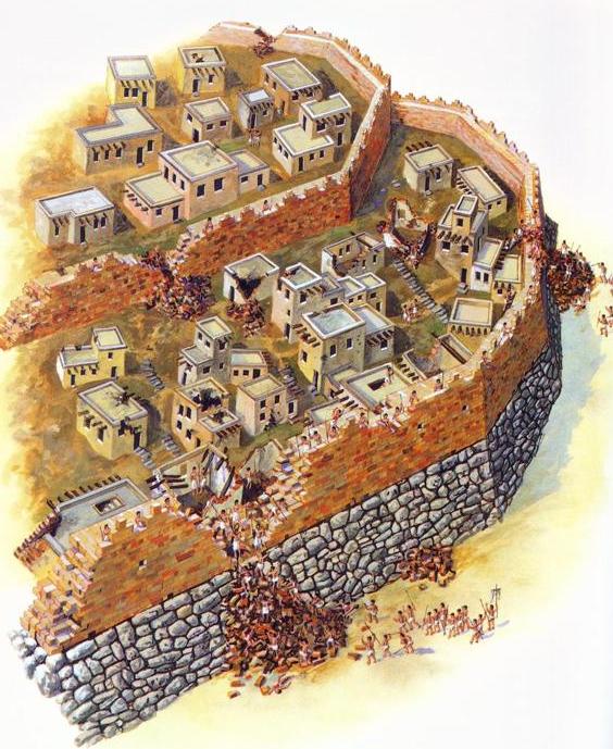 Reconstruction of ancient Jericho, with outer and inner walls, walls in bad repair, and houses/rooms built into the outer wall itself; the collapsed walls made it much easier for Joshua and the Israelites to gain access to the city