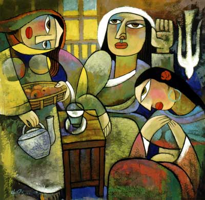 Jesus with Martha and Mary, Bible women. Painting by He Qi
