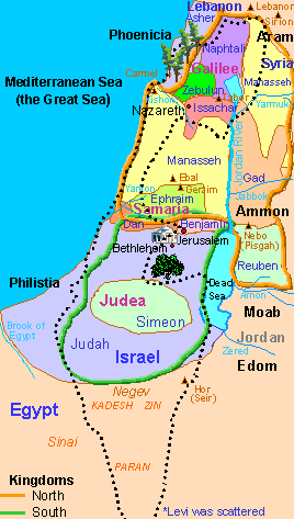 Map showing positions of Judea, Israel, Philistia, Egypt, Moab, Ammon and the Meiterranean Sea