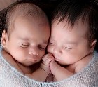 Newborn twins, one with more hair than the other