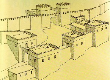 Bad men in the Bible: reconstruction of the walls and gate surrounding the ancient city of Megiddo; the walls around Jerusalem were probably similar, though larger