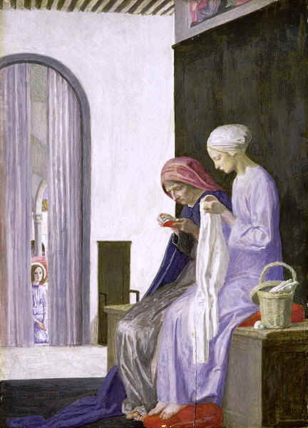 Mary and Elizabeth, by Robert Anning Bell. Notice the angel quietly watching over them, hidden behind the curtain Mary and Elizabeth, by Robert Anning Bell. Notice the angel quietly watching over them, hidden behind the curtain