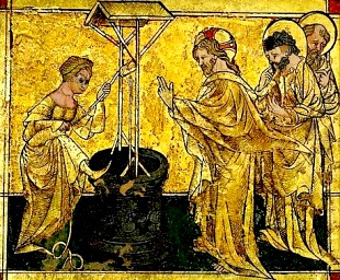 Exquisite gold mosaic, German, 1420, showing the Samaritan in a practical but not very modest position for drawing water