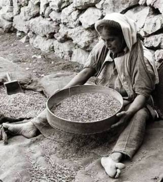 Woman preparing grain for flat cakes