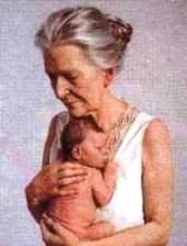 An elderly woman holding a newborn baby - as Elizabeth did