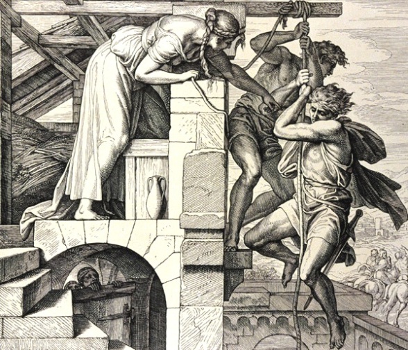 Rahab lowers the two spies down the wall of Jericho