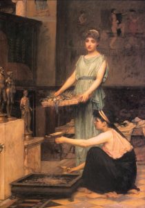 BIBLE WOMEN: RACHEL: John William Waterhouse, The Household Gods. The image shows women in the Greco-Roman period, later than Rachel's time, but it captures the daily homage given to household icons.
