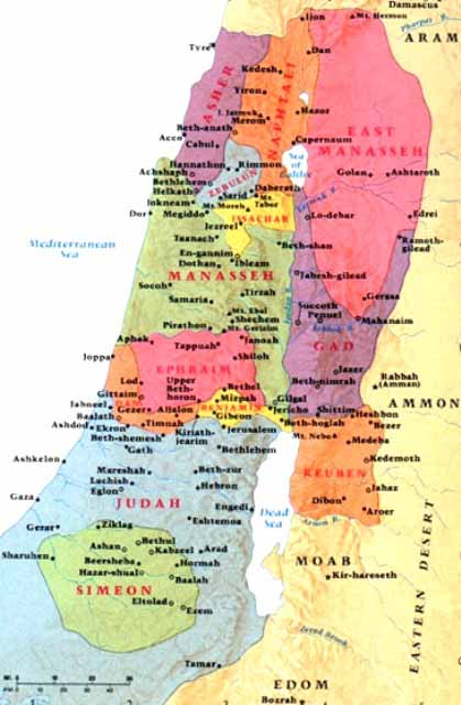 Territories allocated to the Twelve Tribes of Israel. Dan is in the far north.