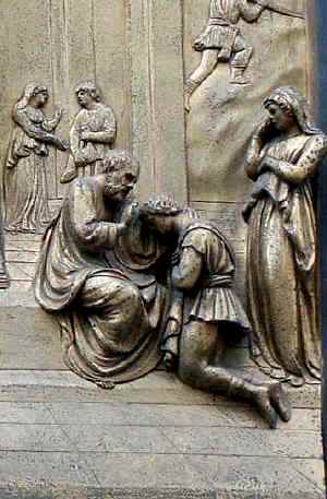 Rebecca, Isaac artworks: Isaac blesses his son, detail from the Isaac panel, Ghiberti's 'Gates of Paradise' Florence