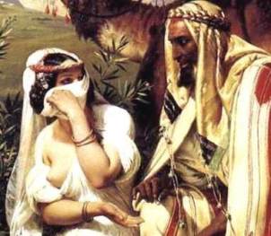 Judah and Tamar, painings: VERNET, Horace (b. 1789, Paris, d. 1863, Paris) Jehuda and Tamar 1840 Oil on canvas. In France Orientalism was closely bound up with the Romantic movement, the most important representatives of which were Delacroix and Géricault. Beside these outstanding figures the list of painters of oriental themes extends unbroken to the end of the century and beyond. They have become known as the Orientalists throughout Europe. Horace Vernet belongs to the early French Orientalists. In Vernet's Jehuda and Tamar (representing a story taken from the Bible) Ingres' aestheticism is very evident in the rendering of the female body.