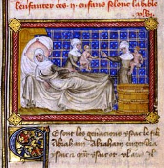Paintings of Rebecca & Isaac: Manuscript page showing Rebecca resting after the birth of twin sons. Illustration is from Jean de Mandeville's 'Mandeville's Travels'