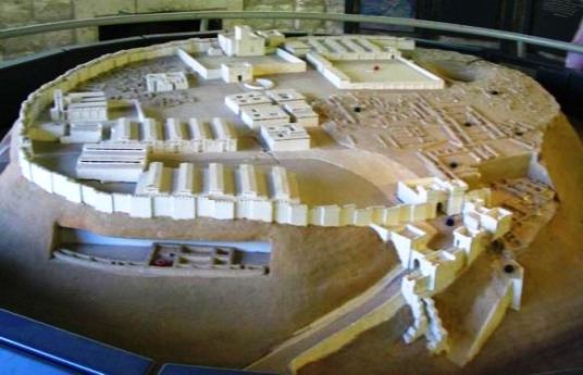 Reconstruction of the ancient city of Megiddo, showing the city, its walls and the massive gateway