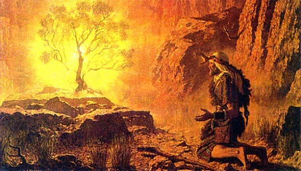 Moses paintings: Man kneeling before a burning bush, as described in the Bible