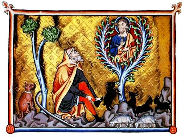 Moses Paintings: 'Moses sees God in the Burning Bush', illuminated manuscript