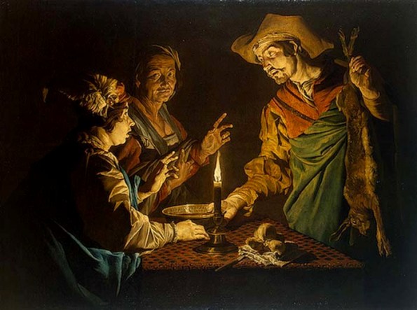 Paintings of Rebecca, Isaac: Selling the Birthright, by Matthias Stomer,1640