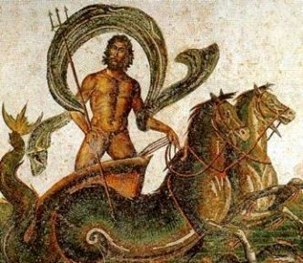 Poseidon, god of the Oceans, rides his horse-drawn chariot