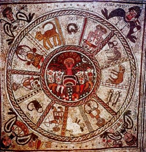 The wheel of the Zodiac fro the mosaic floor of the 6th century synagogue at Beth-Alpha