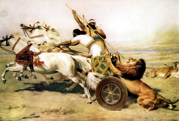 An Assyrian royal lion hunt, showing heavy-wheeled chariot